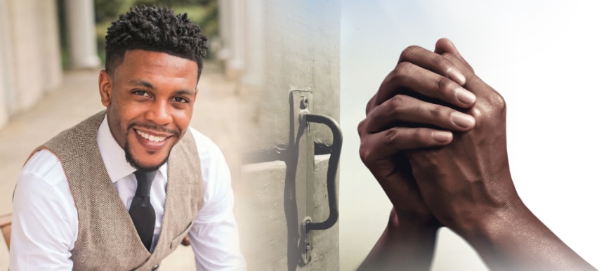 A man with hands in prayer models faith amid the bruises of Black and Blue: A Bruised Generation. Opinion by Jon Coker (San Antonio 2010).