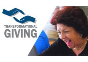 Image: A woman on a laptop with the words "Transformational Giving". "Are you looking for improved methods to resource your ministry?" Apply now.