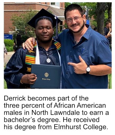  Derrick becomes part of the three percent of African American males in North Lawndale to earn a bachelor’s degree. He received his degree from Elmhurst College. 