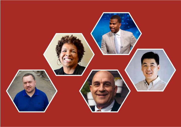 A group of people on a red background reflect on lessons learned in 2020, featuring DVULI alumni.