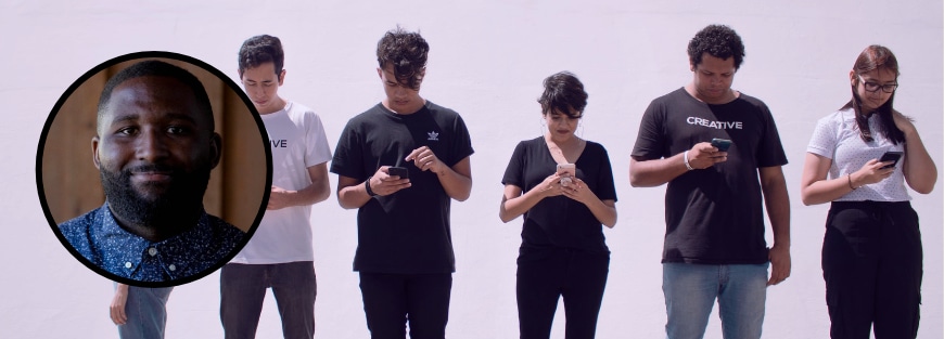 A group of people looking at their phones raises the question: has technology stolen our telos? By Jordan Francis (Phoenix 2017).