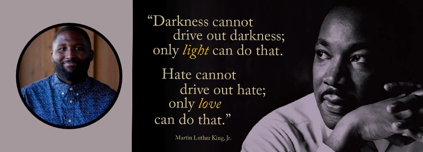 "Live & Love in the Tension" image by Jordan Francis depicts Martin Luther King Jr's message of love.