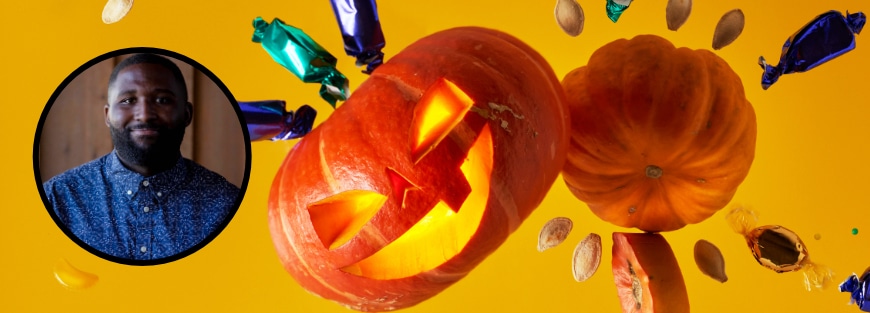 A man with a pumpkin in front of him engages in Conversations with God on Halloween, by Jordan Francis.